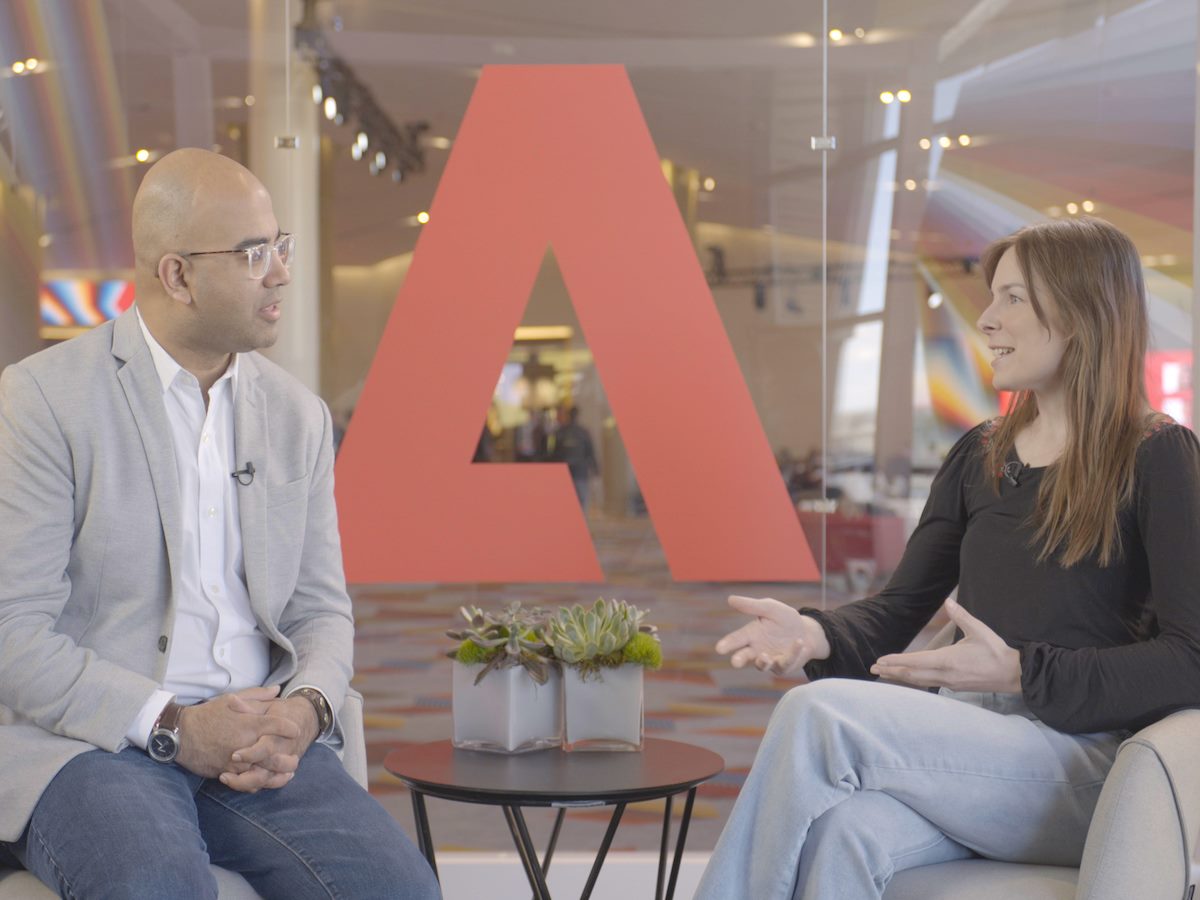  Michelle Hawley (right) and Vivek Pandya during a video interview at Adobe Summit in Las Vegas.