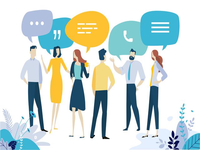 Illustrated image of six people with thought bubbles above their heads