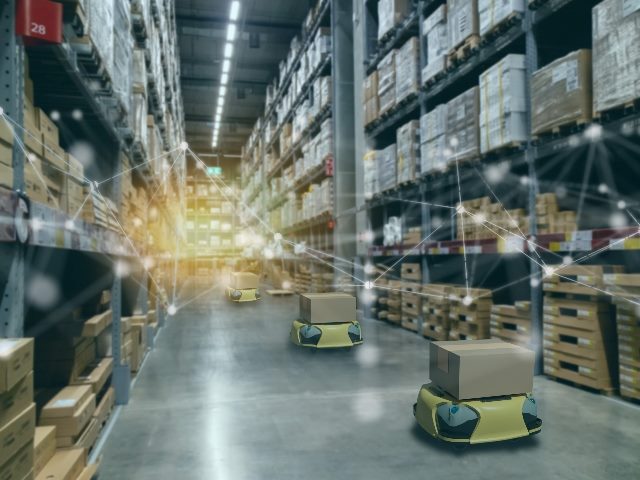 Smart retail concept, autonomous robot service use for moving boxes in stores that stock goods on shelves with artificial intelligence. 