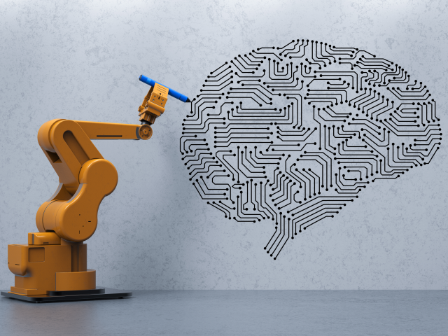 A robot drawing a brain on a white wall - artificial intelligence, machine learning concept