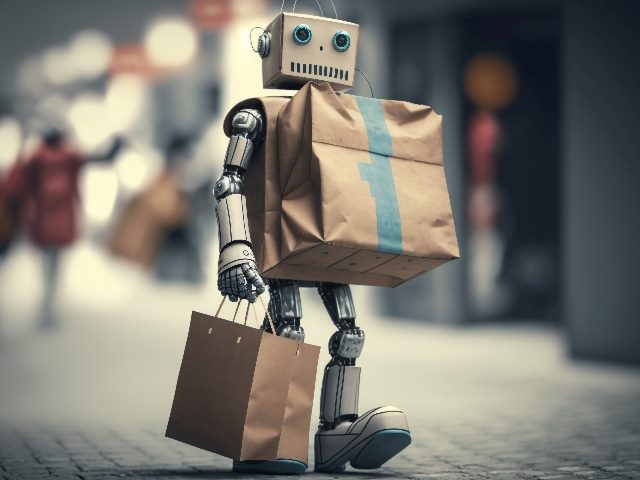 Robot holding shopping bags, in an image generated by AI. 