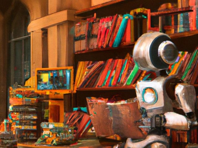 Robot reading a book with books on bookshelves in background.