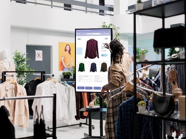 Man looks at clothes online on touch screen monitor in fashion boutique at mall, self service board, illustrating the high demand for smart tech and kiosks in customers service. 