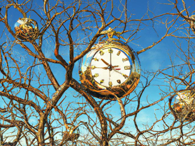 Digital illustration of clocks in a barren forest created by using artificial intelligence program Dall-E