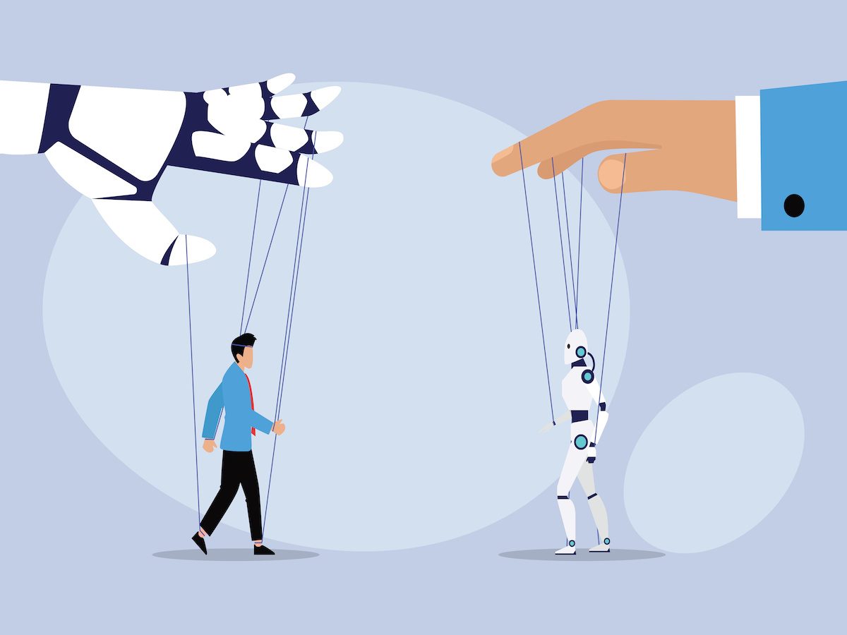 An illustration of a human hand manipulating a robot on strings and a robot hand manipulating a human on strings