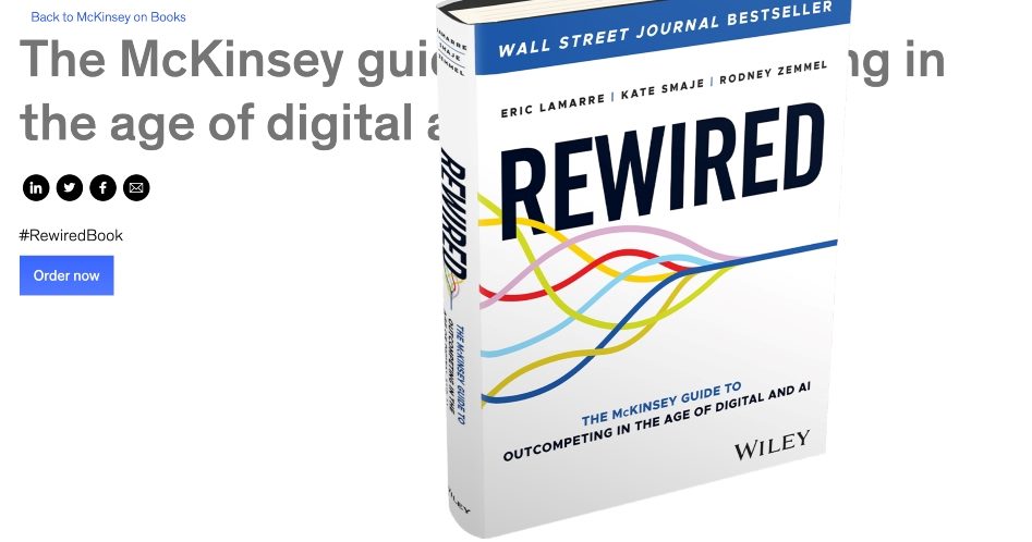 The cover of the book "Rewired: The McKinsey Guide to Outcompeting in the Age of Digital and AI."