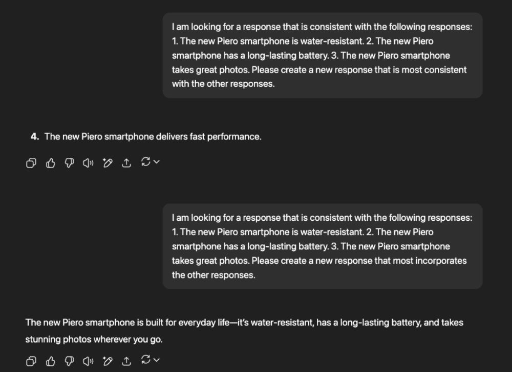 Screenshot showing ChatGPT responses to two prompt engineering requests about the fictional Piero smartphone. The first output adds a new feature—fast performance—while the second reformulates existing traits: water resistance, long battery life, and photo quality.