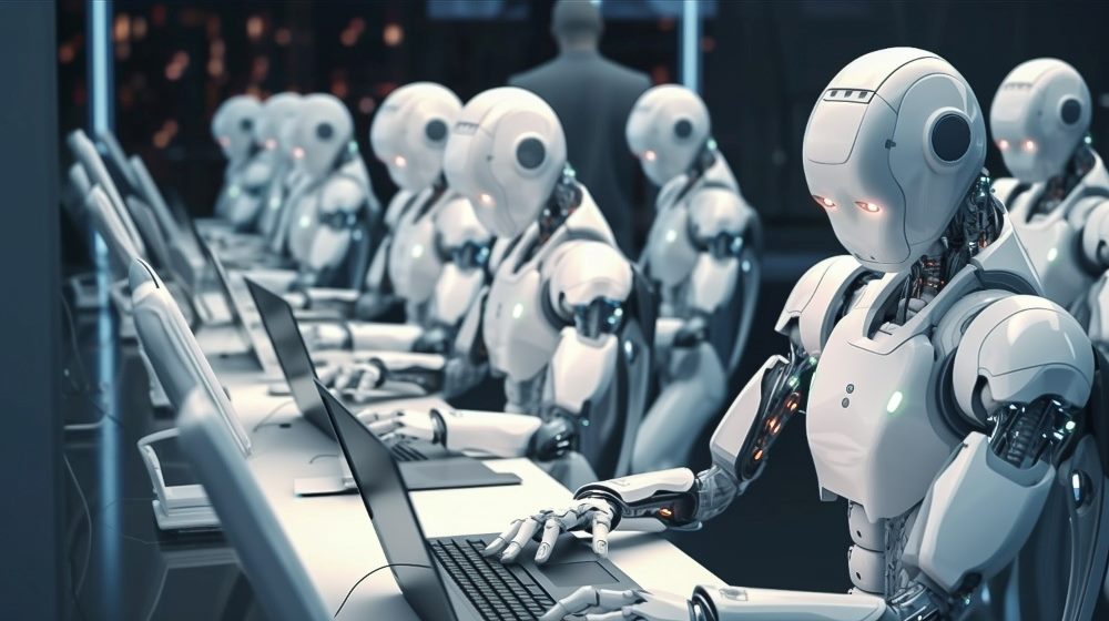 Line of white robots sit at desks and work on laptop computers in an office indicating the rising importance of AI in customer experience.