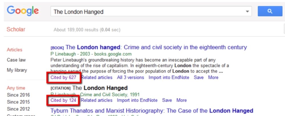 Screenshot of Google Scholar search results for “The London Hanged,” showing entries with citation counts such as “Cited by 627” and “Cited by 124,” along with links to related articles and versions.