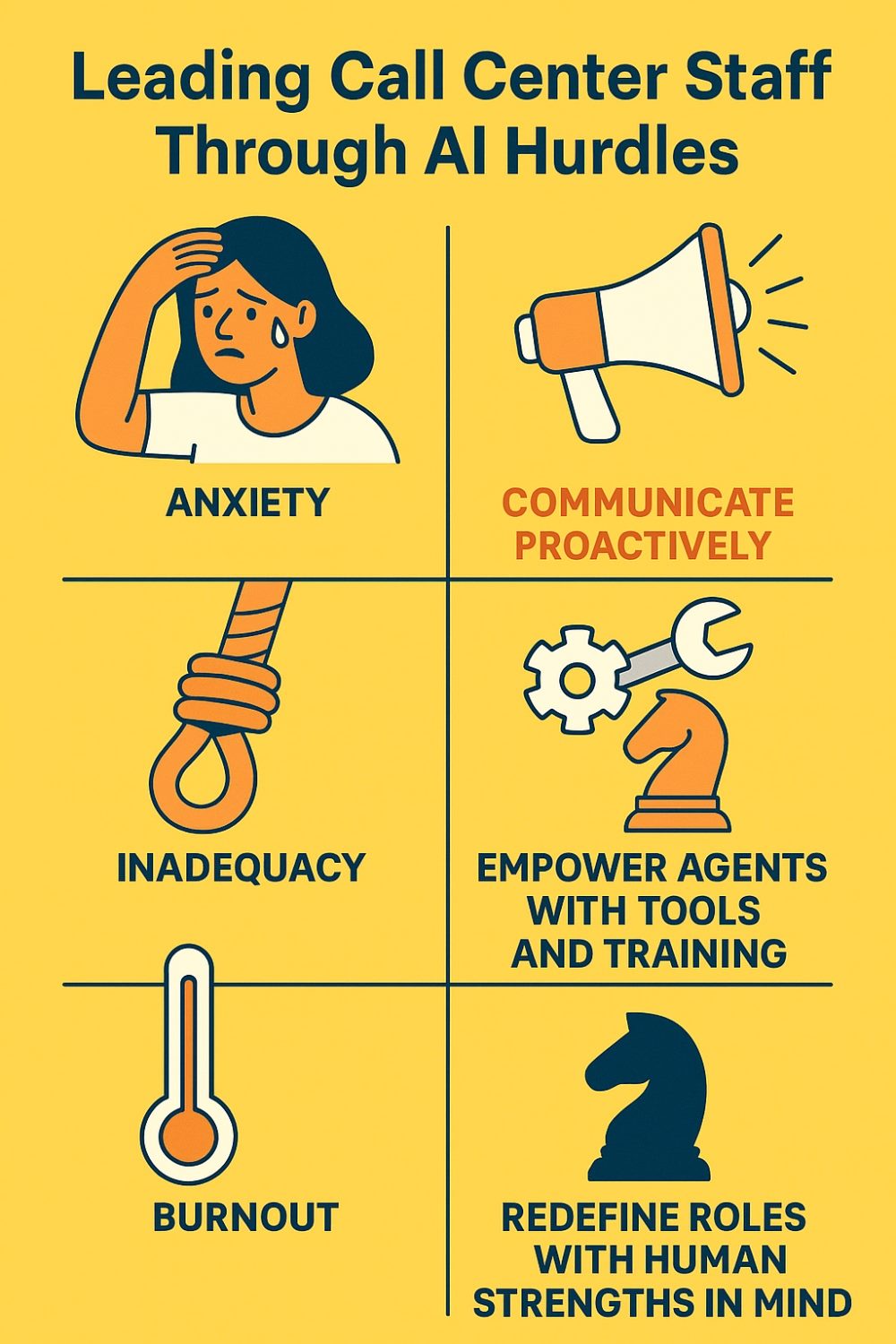 A bright yellow infographic titled "Leading Call Center Staff Through AI Hurdles" shows three common challenges faced by agents—Anxiety, Inadequacy, and Burnout—each paired with a leadership action: Communicate Proactively, Empower Agents with Tools and Training, and Redefine Roles with Human Strengths in Mind. Illustrations include a worried woman, a loudspeaker, a noose, a gear and wrench, a thermometer, and a chess knight.