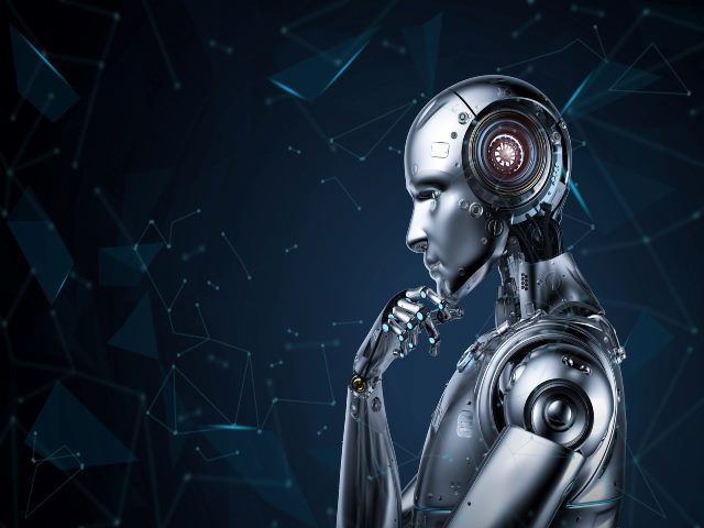 A robot is seen from the side with fist brought under chin, in a thinking pose.