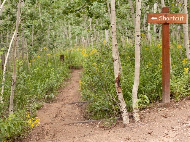  Trail shortcut with a wooden sign with an arrow pointing to the left painted along with "Shortcut." 