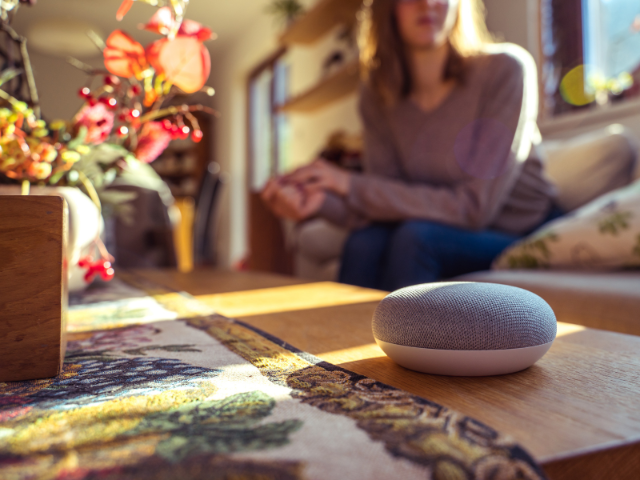 A person sitting near a voice assistant device 