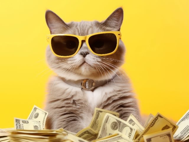 Cool rich successful hipster cat with sunglasses and leaning into piles of cash money against a yellow background, suggesting the importance of AI customer experience investments. 