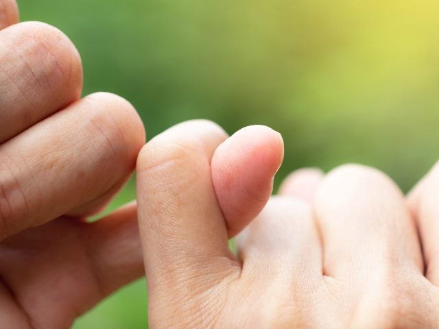 Close up of two hands with pinky fingers from each entwined and blurred natural background of green nature.