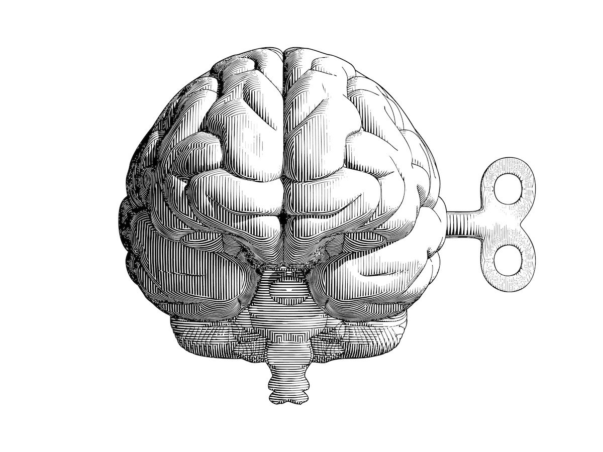 A brain with a wind-up crank