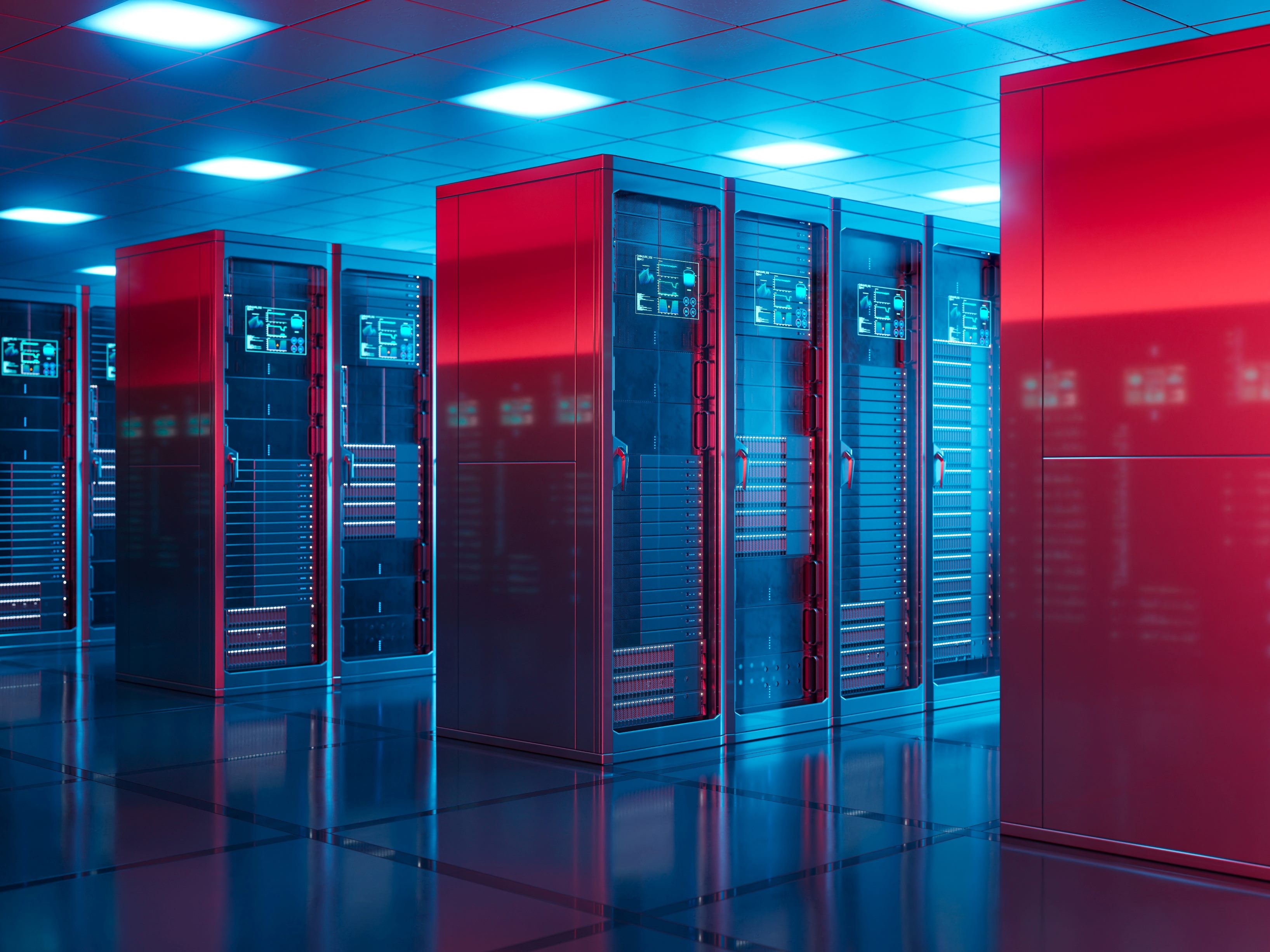Countless modern red  server cabinets in a render farm under blue lights suggesting the importance of sustainable AI> 