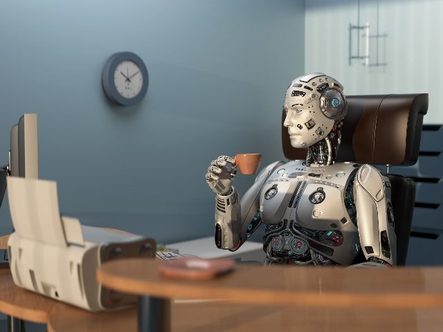 Futuristic robot or cyborg holding a cup of tea while sitting in the office.