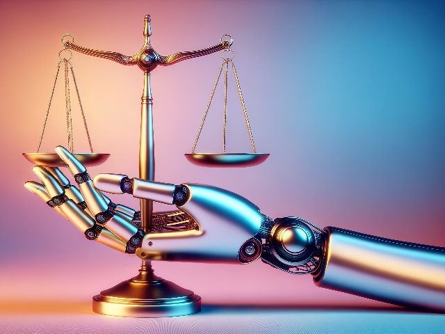 A silver robot hand holds the scales of justice against a gradient background in piece about AI bias in CX and Latimer AI. 