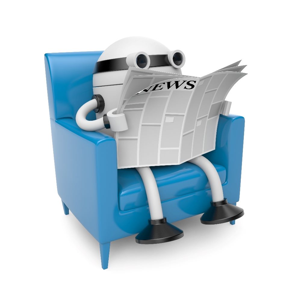 A robot sits on a bright blue armchair reading a newspaper, in piece noting advertisers have long abandoned news sources for advertising.