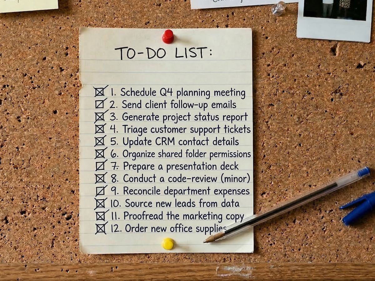 A to-do list with all items checked off, pinned to a corkboard