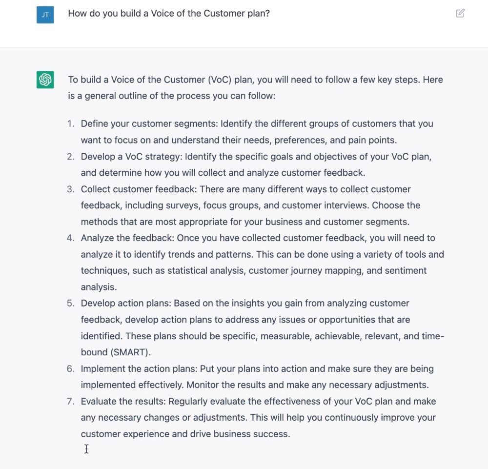 Screenshot of a query to ChatPGT with the answer, the questing being, "How do you build a Voice of the Customer Plan?"