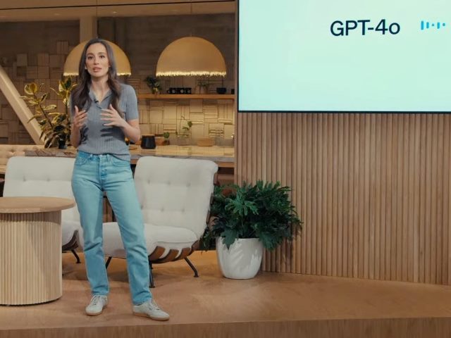 OpenAI Chief Technology Officer Mira Murati giving a virtual demo with the screen saying GPT-4o.