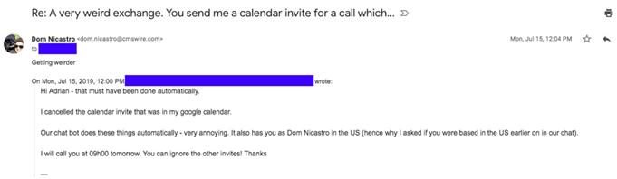 Email exchange between sales rep and CMSWire reporter Dom Nicastro