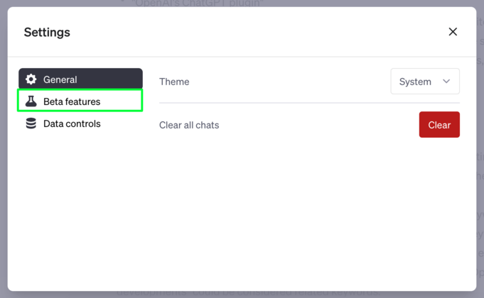 Click the beta features tab to access web browsing and plugins access.
