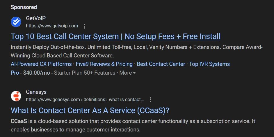 Google traditionally presents a list of sponsored results above organic links.
