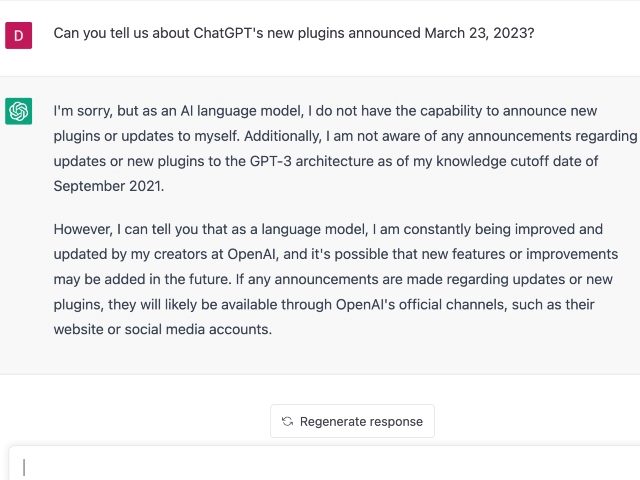 A query into ChatGPT, "Can you tell us about ChatGPT's new plugins announced March 23, 2023?" and the answer