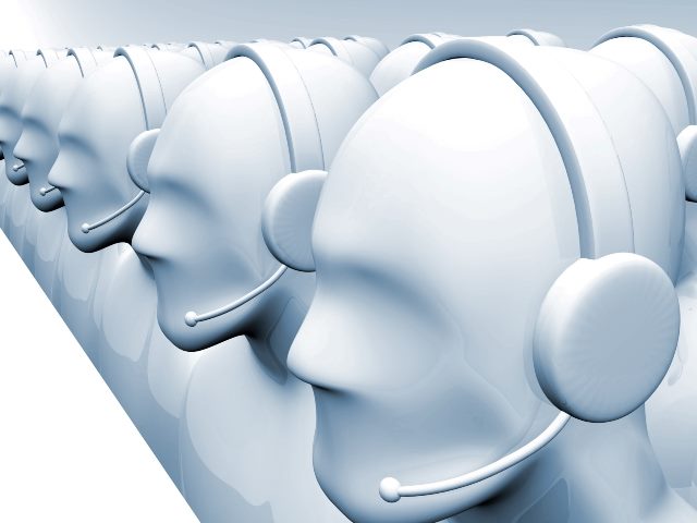 Two rows of busts of call center operators wearing headsets all in white and lacking some facial features, such as eyes, mouths and nostrils.