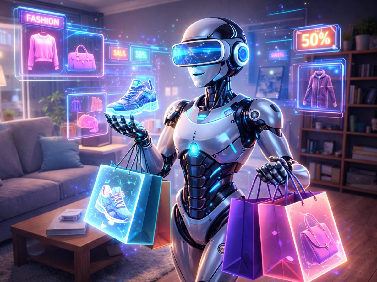 Humanoid robot wearing VR/AR glasses shops virtually from a modern living room, interacting with floating holographic retail items and sales displays.