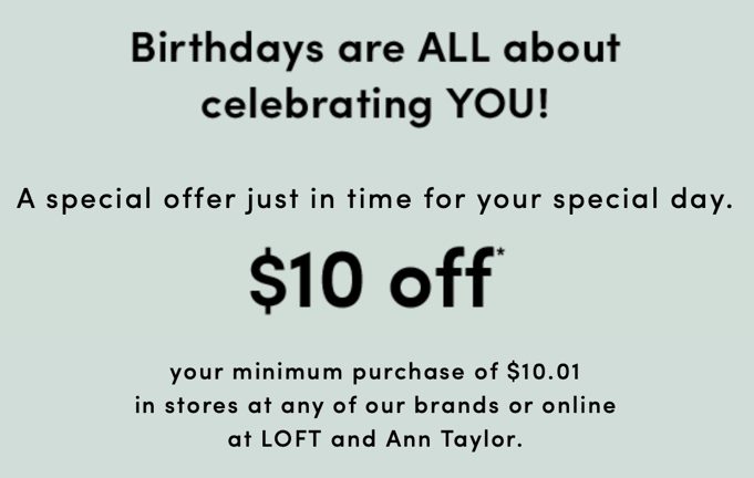 personalized birthday advertisement from Ann Taylor LOFT.