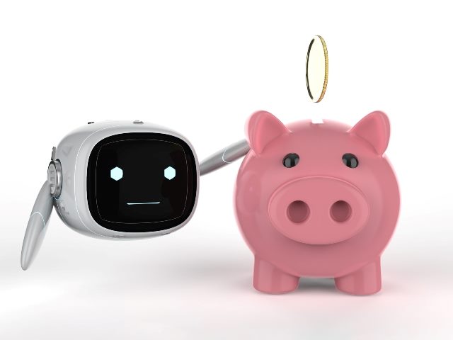 A white and black chatbot puts its arm around a pink piggy bank while a golden coin floats above the bank's slot, against a white background.
