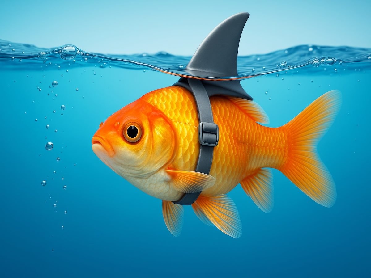 Funny goldfish wearing a shark fin swimming underwater