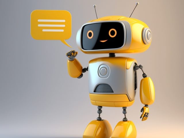 A friendly looking yellow chatbot with a speech bubble on the left, representing the importance of AI in real-time feedback in customer experience. 