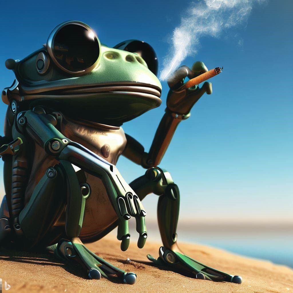 robotic bullfrog smoking a cigarette at the beach