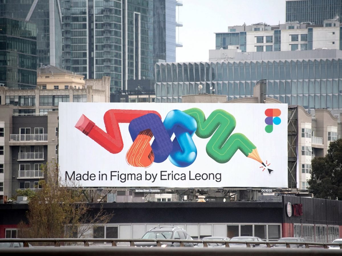 Outdoor billboard featuring colorful abstract lettering and shapes with the message “Made in Figma by Erica Leong,” displayed against a city skyline.