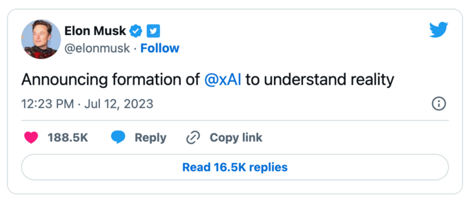 Elon Musk tweet introducing his company xAI