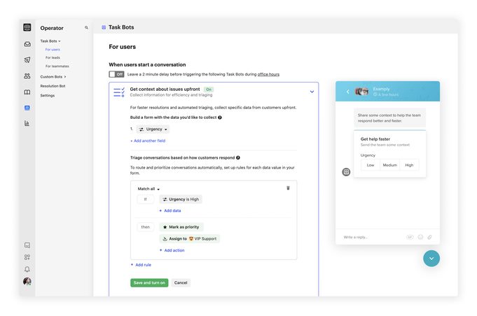 Screenshot of AI chatbot provider product, Intercom, which allows the creation of AI-powered chatbots.