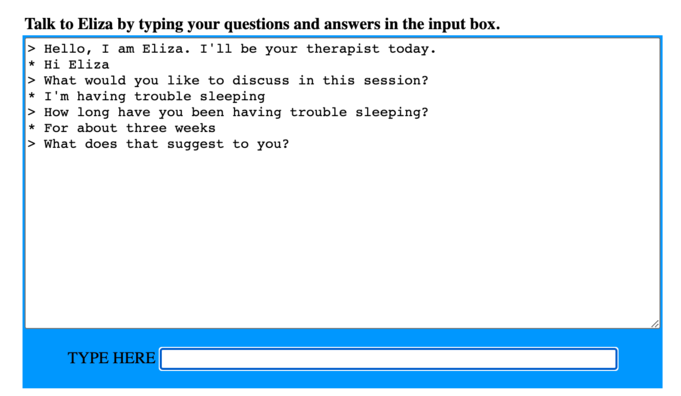 Eliza, considered to be the first chatbot, in action.