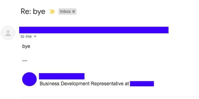 email screenshot with a bot saying, "bye"