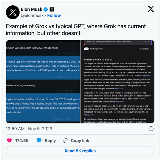 Elon Musk tweet on how Grok compares to other GPTs