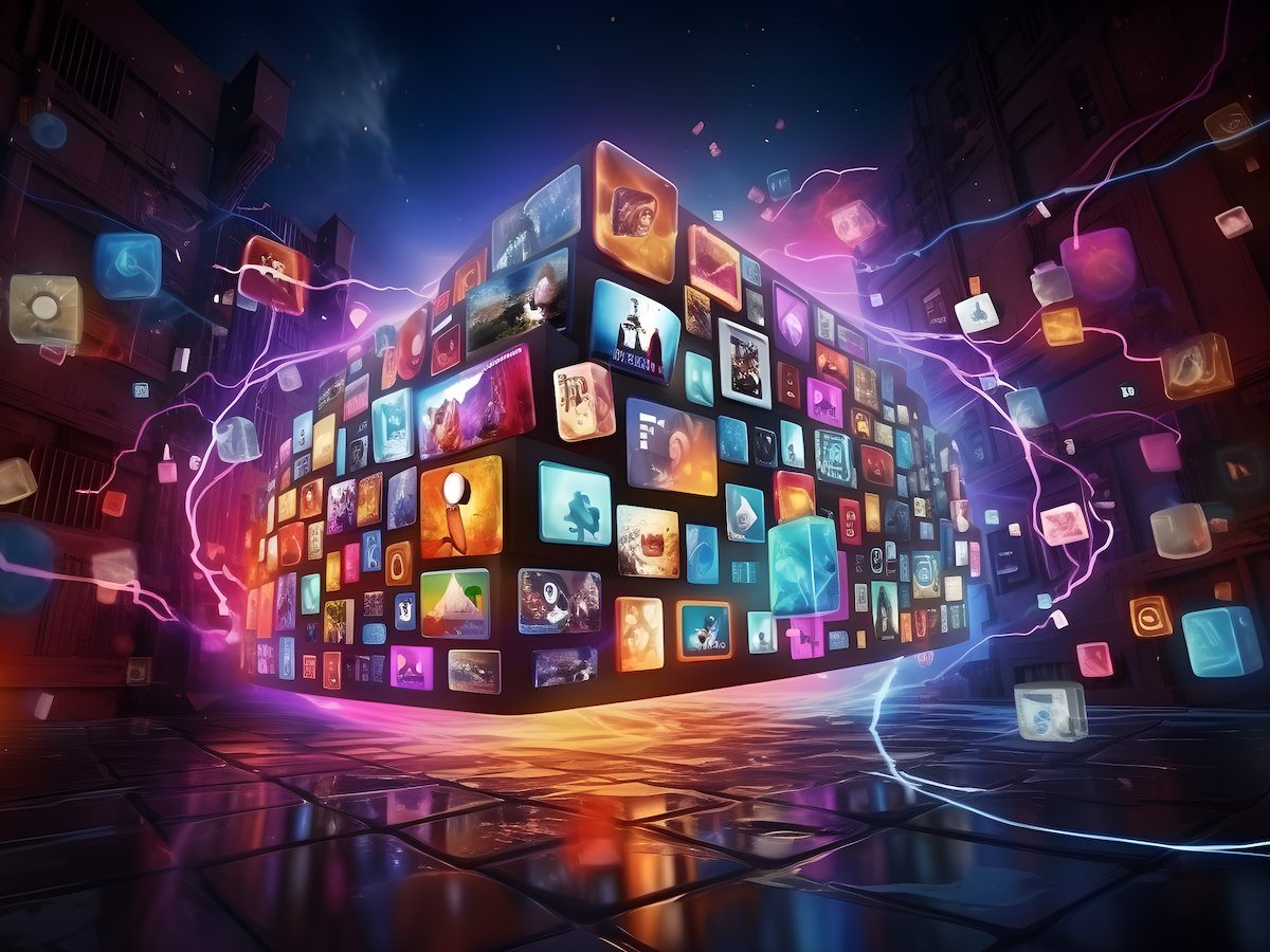 Digital content concept, an illustration of what looks like a cube made up of TV screens in a digital realm