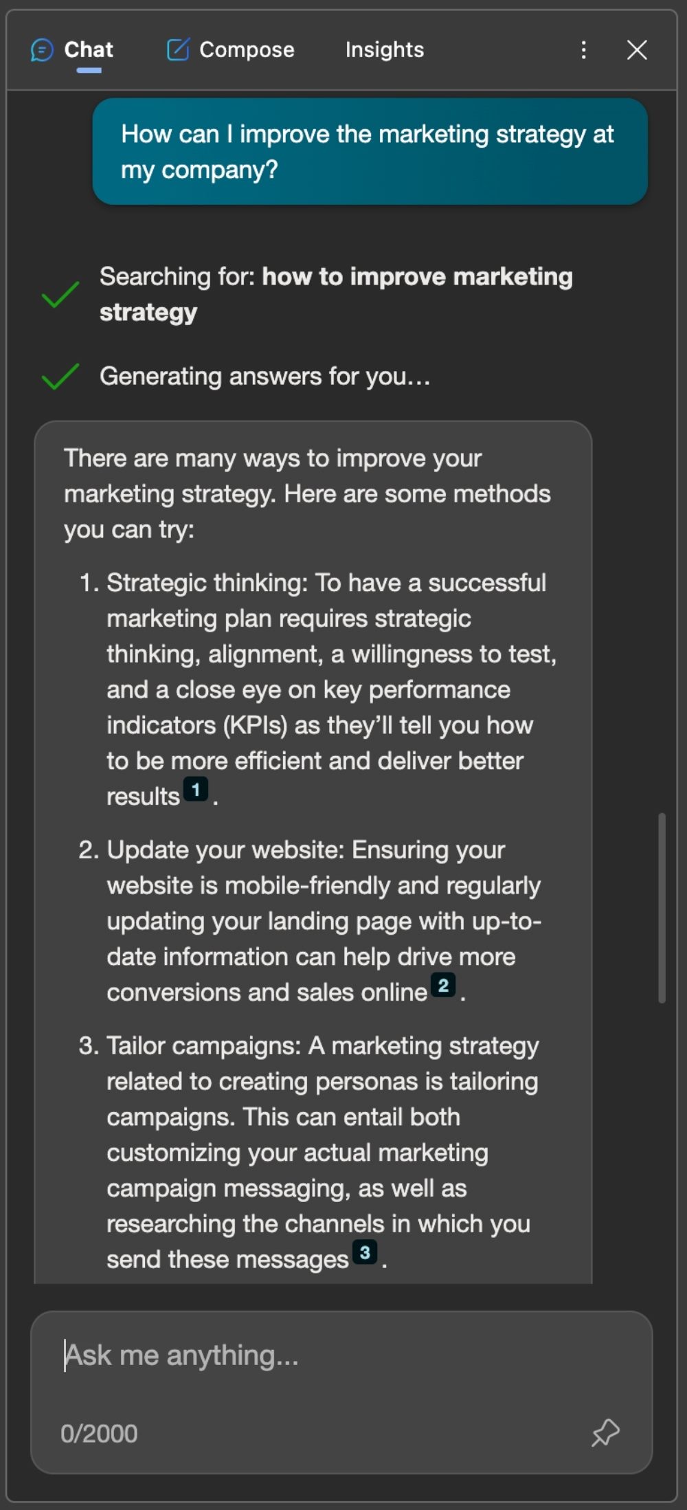 A screenshot of Bing AI's user interface that provides answers to the question, "How Can I Improve the Marketing Strategy at My Company?"