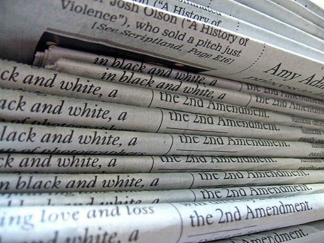 A stack of Los Angeles Times newspapers.