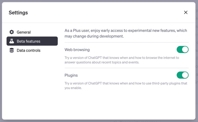 Turning on access to ChatGPT plugins and web browsing.
