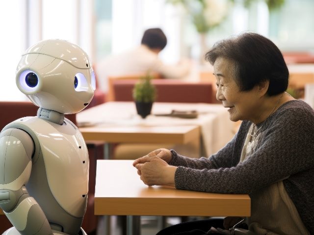  Robot assistant helps a person in a hospital, sitting at a table, in an image generated by AI.