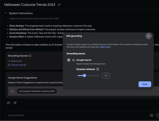 A screenshot of Grounding With Google Search in Google AI Studio October 2024.